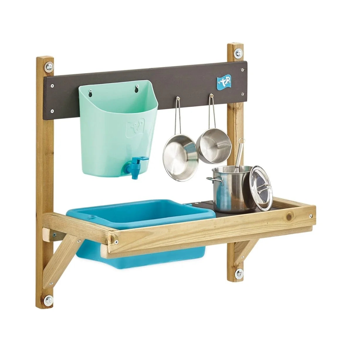 Wooden Mud Kitchen Attachment with Sink, Water Butt, Pans, Whisk Hooks