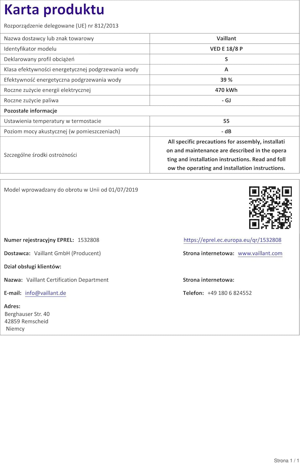 Vaillant Elektroniczny podgrzewacz wody, VED plus 18/8, odporny na ciśnienie, 18 kW, 400 V, dokładna temperatura wypływu, bezstopniowa regulacja, wyświetlacz graficzny, 0010023766, [klasa energetyczna