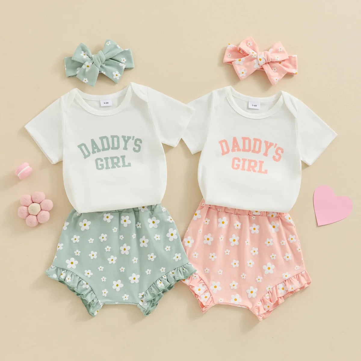 Baby Girls Outfit Short Sleeve Romper - Floral Shorts - Hairband Set Casual Clothes