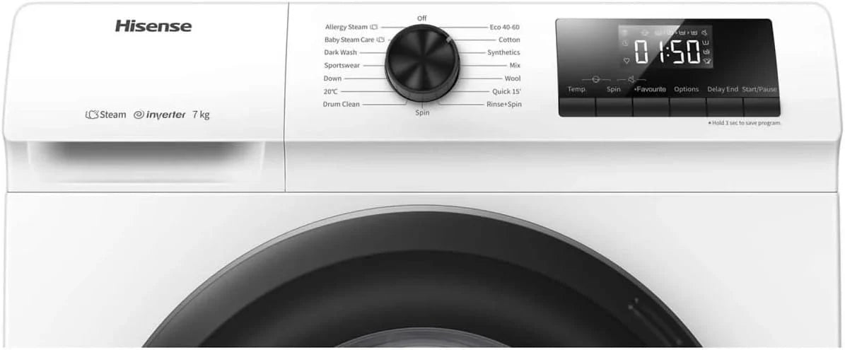Hisense WFQP701219VM pralka, klasa A, 7 kg, 1200 obr./min, wysokość 84,5 cm x szerokość 59,5 cm, biała