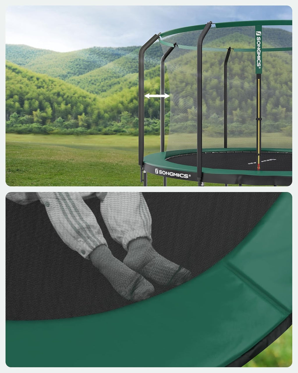 SONGMICS Trampolina Ø 244/305/366/427 cm, certyfikat TÜV Rheinland GS, okrągła trampolina ogrodowa z siatką zabezpieczającą i drabinką, wyściełany stelaż, dla dzieci i dorosłych