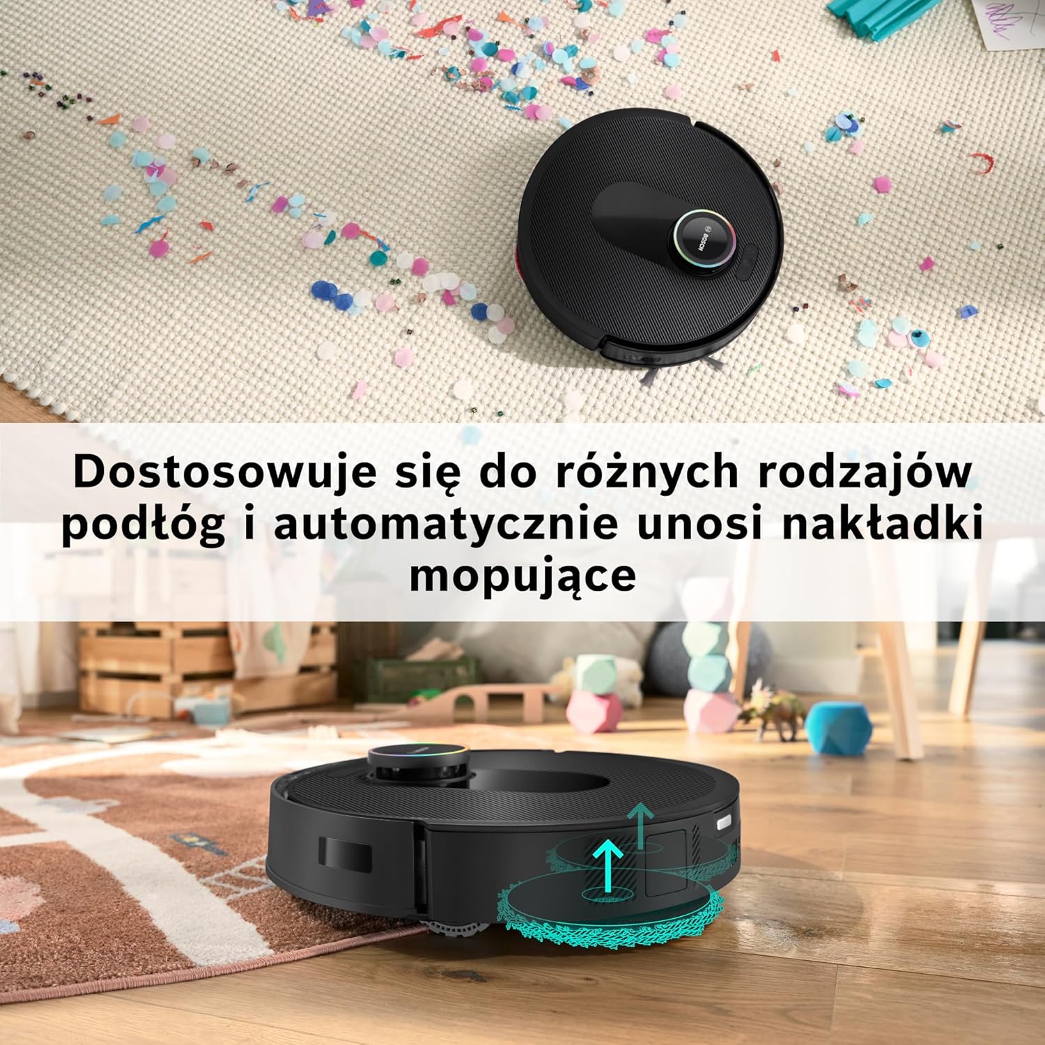 Bosch Spotless Max Robot sprzątający z funkcją mopowania, moc ssania 11 000 Pa, wysuwana nakładka mopującą, stacja czyszczącą, nawigacją Smart Vision, aplikacja Bosch Home Connect, BCRDW3B, czarny