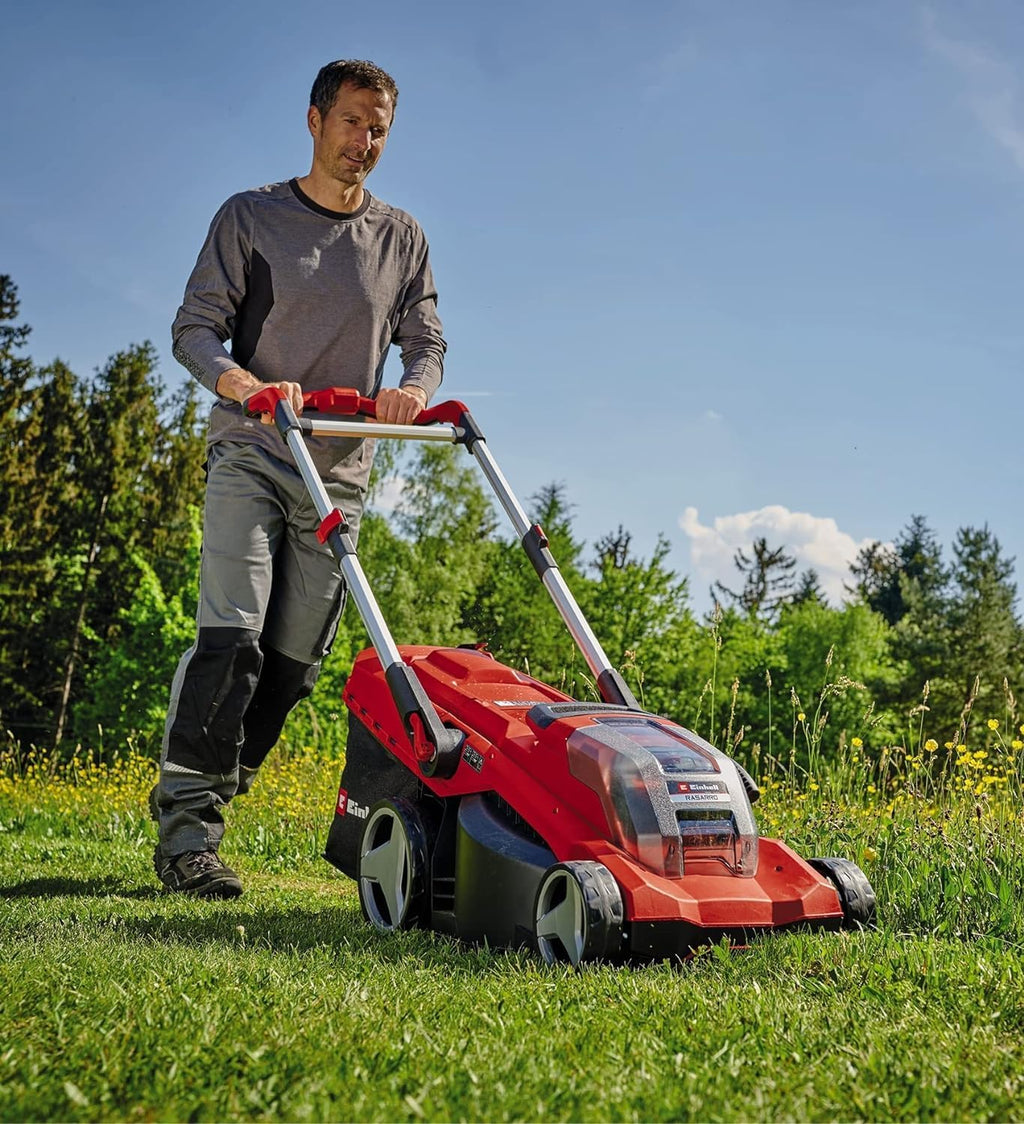 Einhell Zest. akum. kosiarki RASARRO 36/42 Power X-Change (36 V, szer. koszenia 42 cm, do 725 m², bezszcz., kosz 50 l, funkcja mulczera, w tym 2 x akum. 5,2 Ah + 1 x podwójna ładowarka Twincharger)
