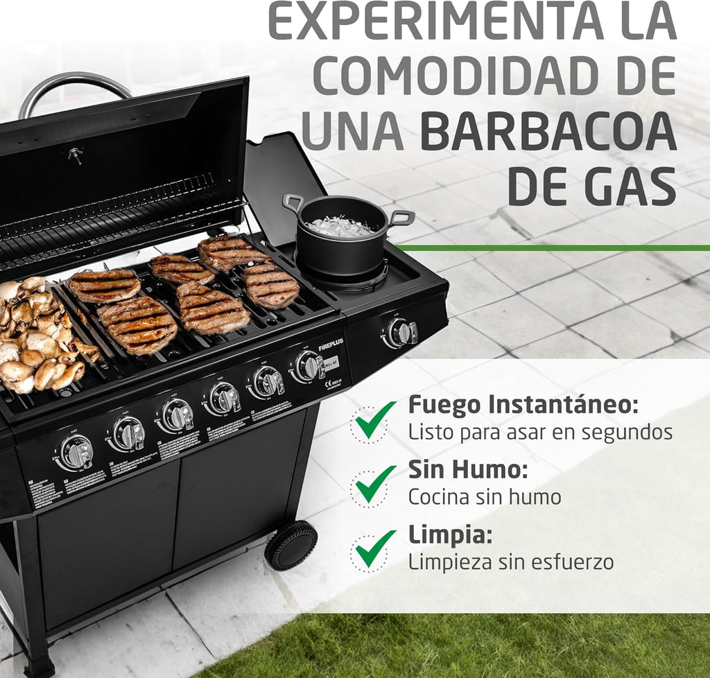 Grill gazowy Fireplus 6+1, 12,9 kW – stal nierdzewna czarna – grill z kółkami, model GRILL-6F – grill XXL z wózkiem i termometrem – 138 x 52 x 103 cm – 7 palników i tacka boczna