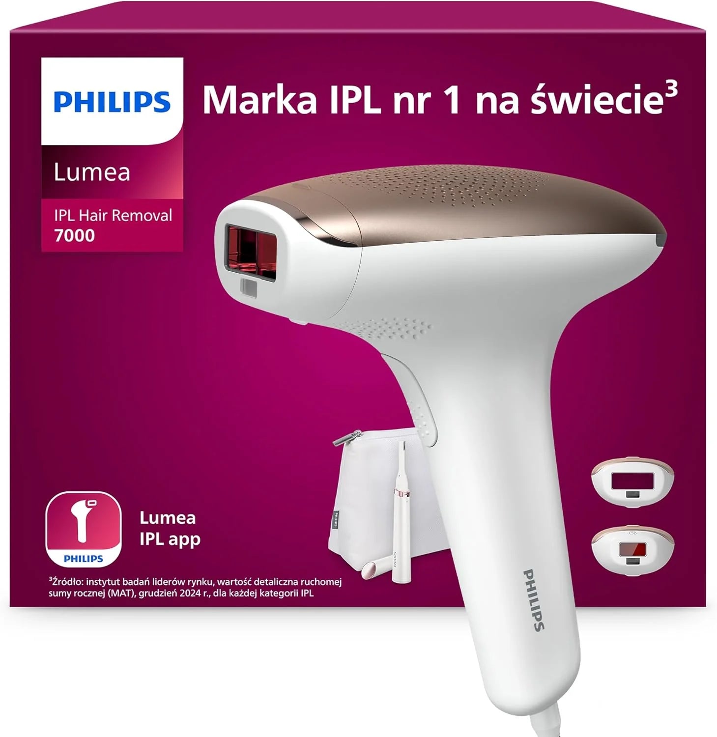 Philips Lumea z serii 7000 - urządzenie IPL do depilacji światłem. Zestaw z 2 nasadkami: do ciała i twarzy oraz ołówkowym trymerem do wyrównywania Satin Compact. Zasilanie sieciowe. BRI921/00