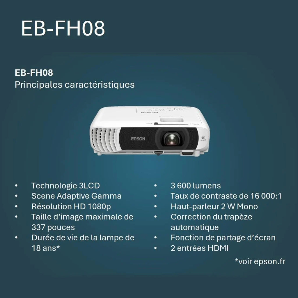 Epson EB-FH08 projektor 3LCD (3600 lumenów) 337 cali, przekątna ekranu ok. 8,56 m, 2 HDMI, 1920 x 1080p FullHD, funkcja dzielonego ekranu