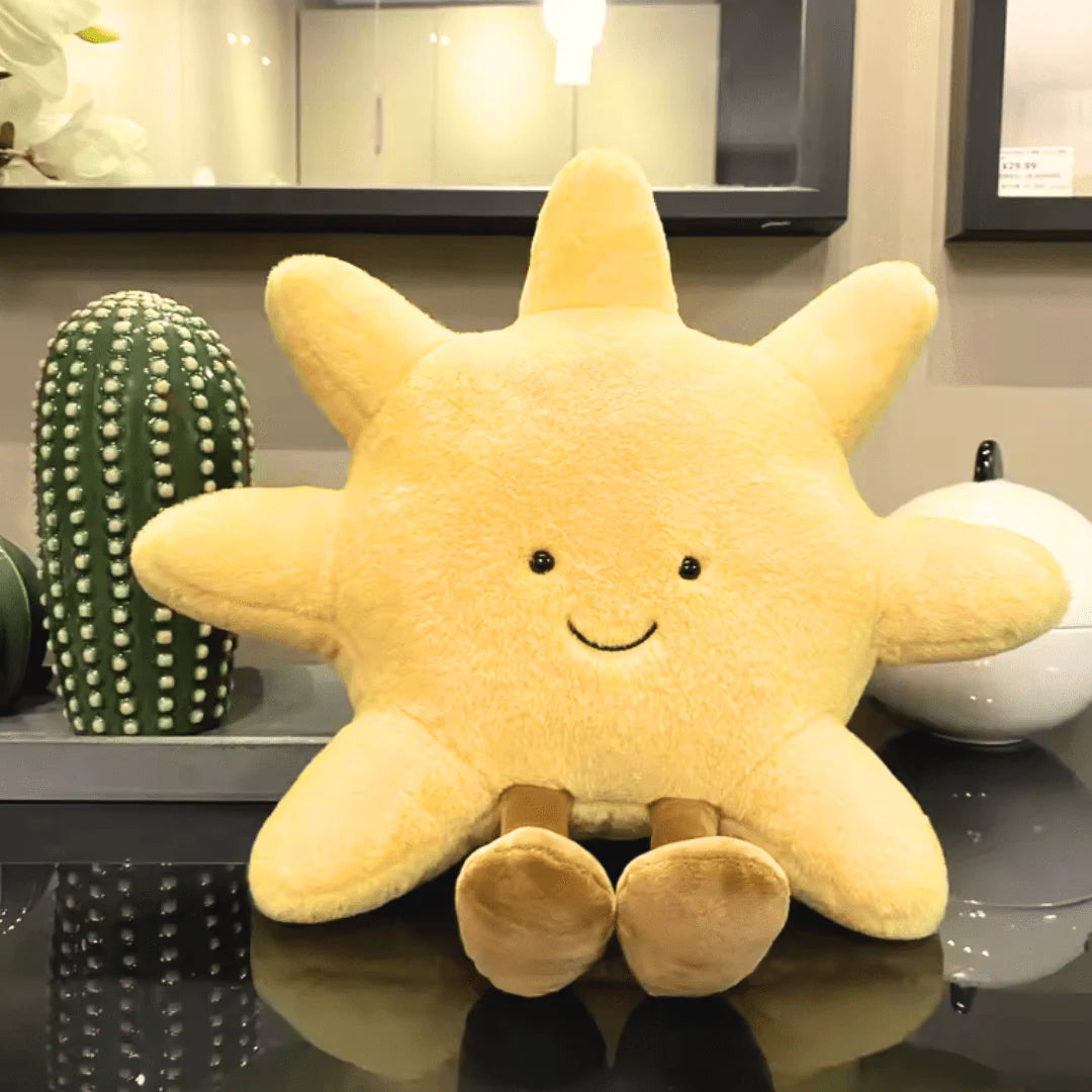 Kawaii Sun Plush with Legs, Yellow Smiling Pillow for Kids and Décor