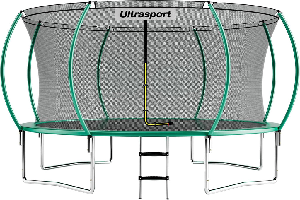 Ultrasport Deluxe trampolina, Ø 244/305/366/430 cm, certyfikat TÜV Rheinland + GS, kompletny zestaw, okrągła trampolina ogrodowa, w tym wyściełane słupki, siatka zabezpieczająca i osłona krawędzi