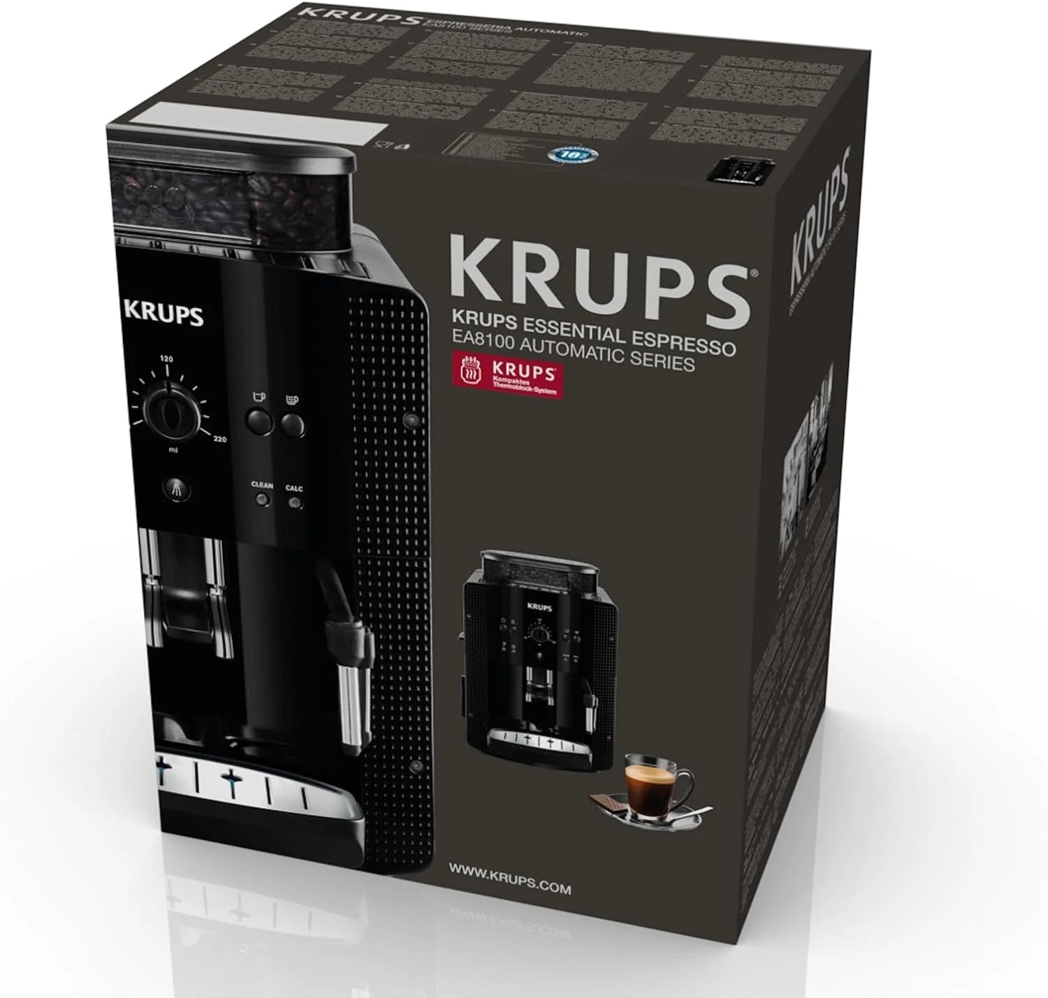 KRUPS Roma EA8108 Ekspres ciśnieniowy automatyczny, 3 ustawienia zmielenia kawy, Dysza do spieniania mleka, Panel sterujący ze wskaźnikami LED