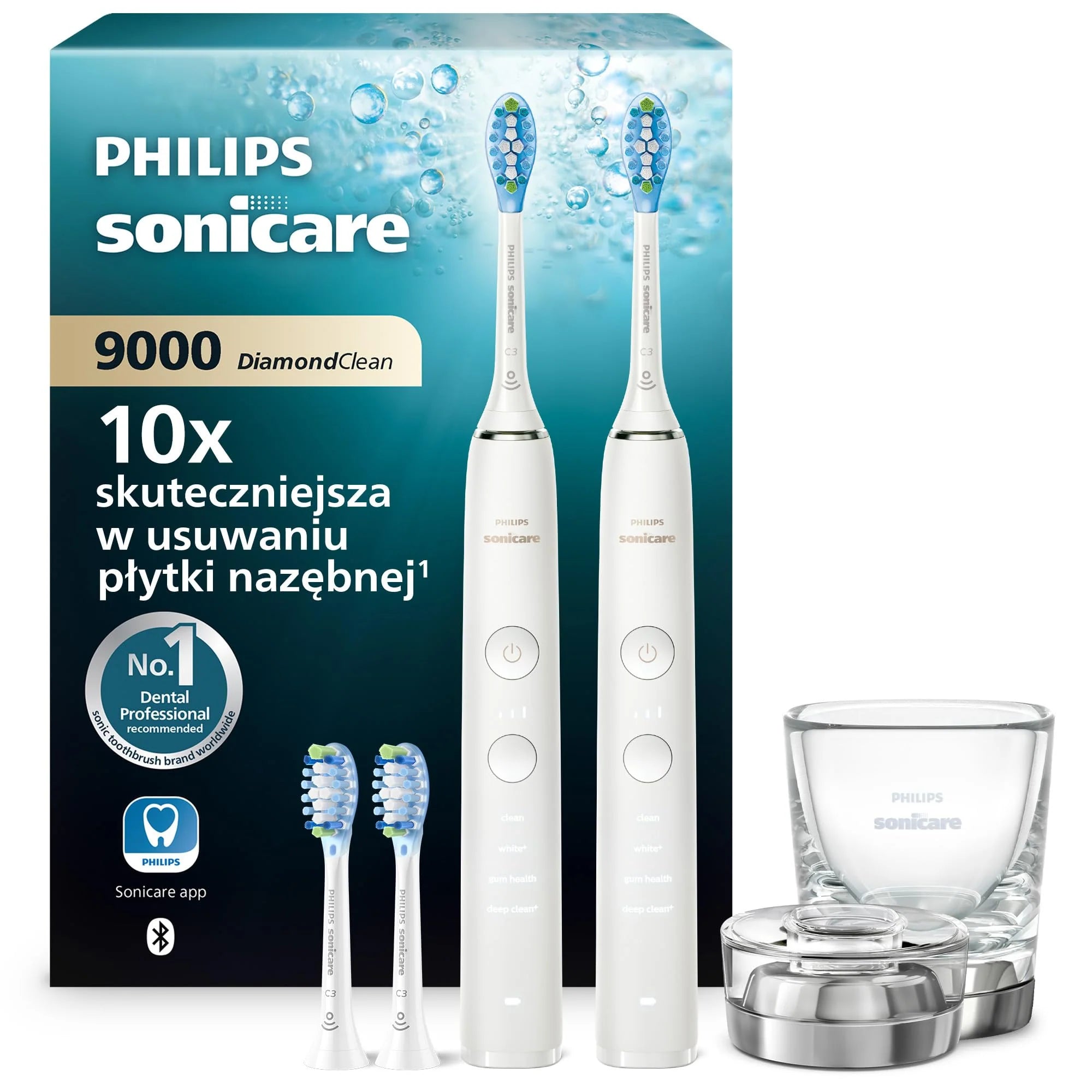 Szczoteczka elektryczna Philips Sonicare DiamondClean 9000, podwójne opakowanie, szczoteczka soniczna z aplikacją, czujnik nacisku, szklanka do ładowania, kolor czarny i Rosegold, model HX9914/61
