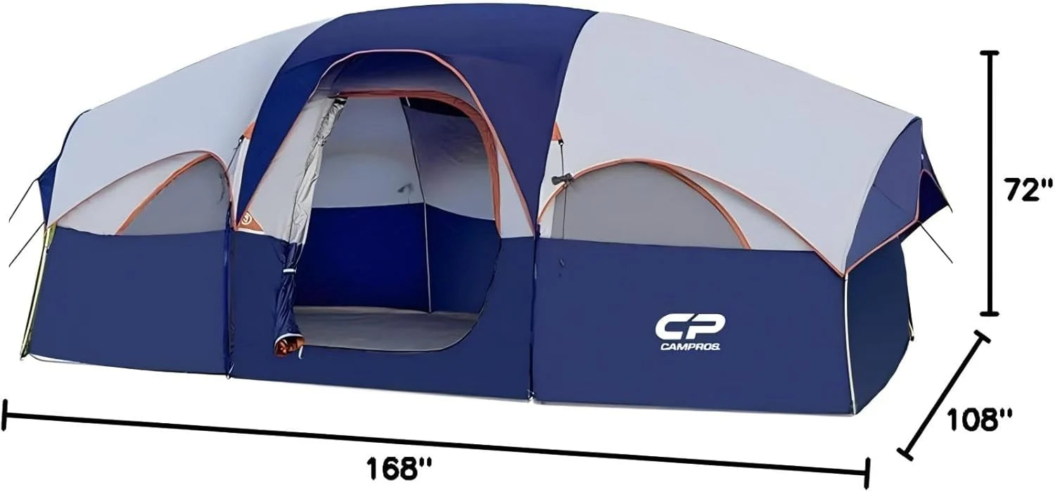 CAMPROS CP Namiot 8-osobowy, namiot kempingowy, wodoodporny, wiatroszczelny, rodzinny, 5 dużych okien z siatki, podwójna warstwa, dzielona zasłona do oddzielnego pokoju, przenośny, z torbą do