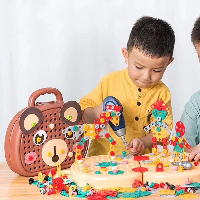 Montessori Toolbox Set with Drill, 204 Pieces in Bear & Dog Suitcase