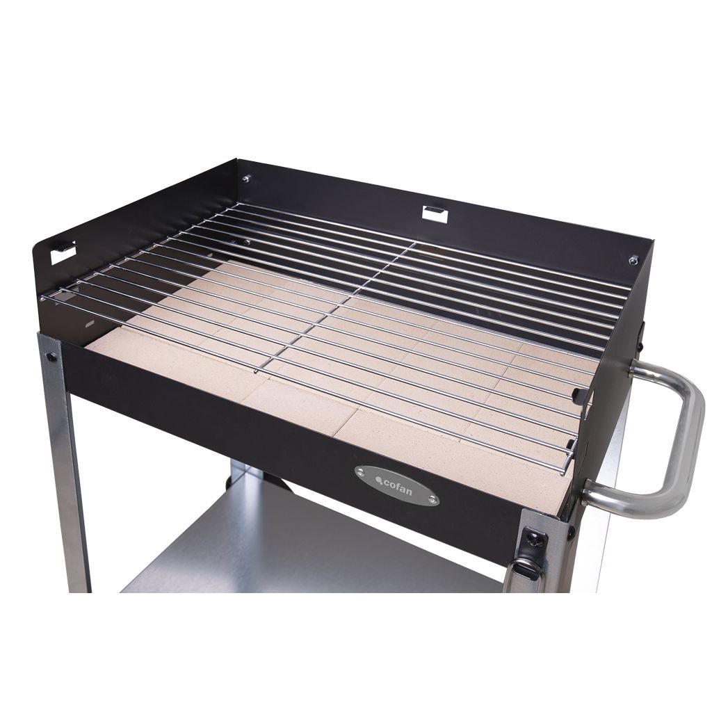 Grill węglowy Cofan z kółkami | Regulowany grill | Z cegłą ogniotrwałą i uchwytem bocznym | Łatwy transport | Duża powierzchnia do grillowania | Wymiary: 56,7 x 36 x 83 cm