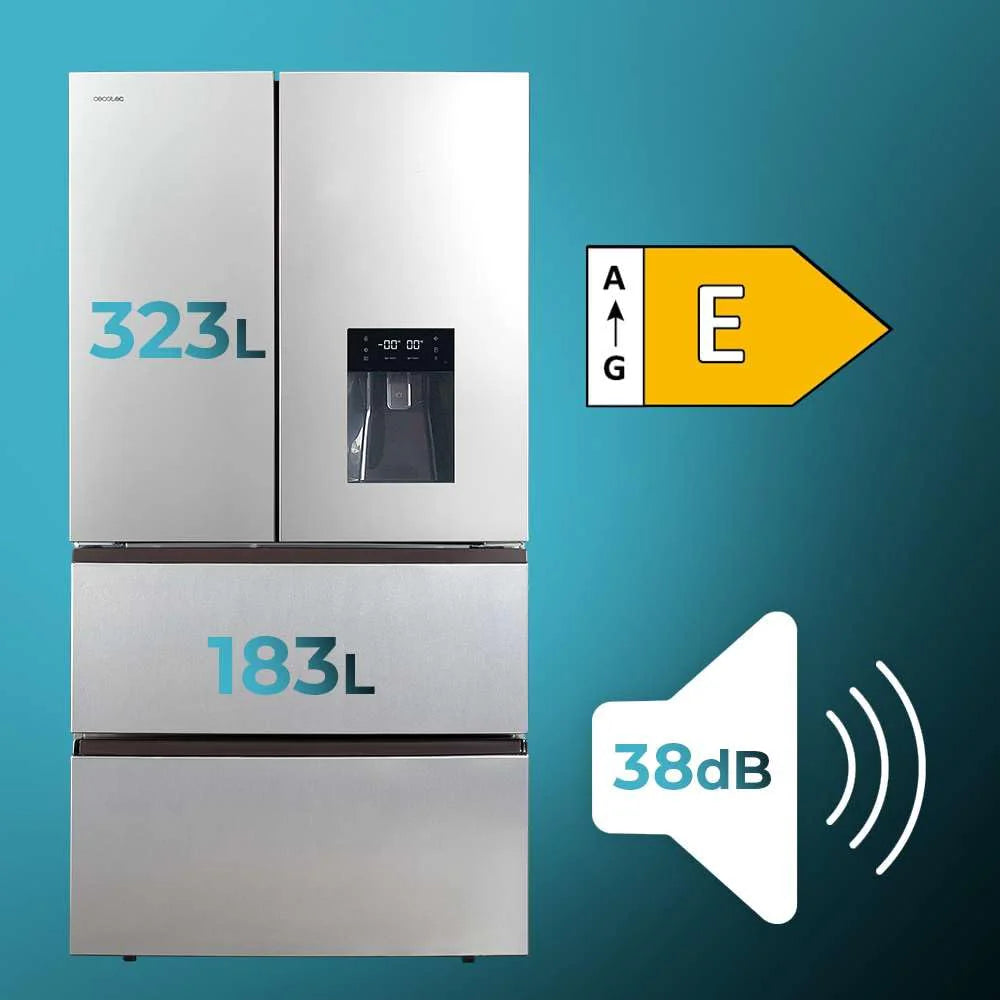 Cecotec Lodówka Francuska Drzwi Inox z dozownikiem wody 510 L Bolero CoolMarket FD 510 WD Inox E. 183 cm Wysoki, 84 cm Szerokość, Silnik Inverter Plus, Niskie zużycie, Łącznie NoFrost