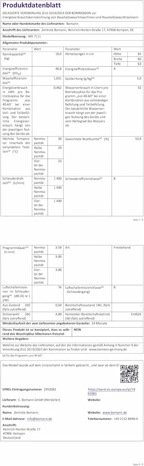 Bomann® Pralka 10 kg | maks. 1400 obr./min | 16 programów | bezszczotkowy silnik DC: wydajny, cichy i trwały | wybór czasu zakończenia | system bezpieczeństwa węża dopływowego | Washing Machine | WA