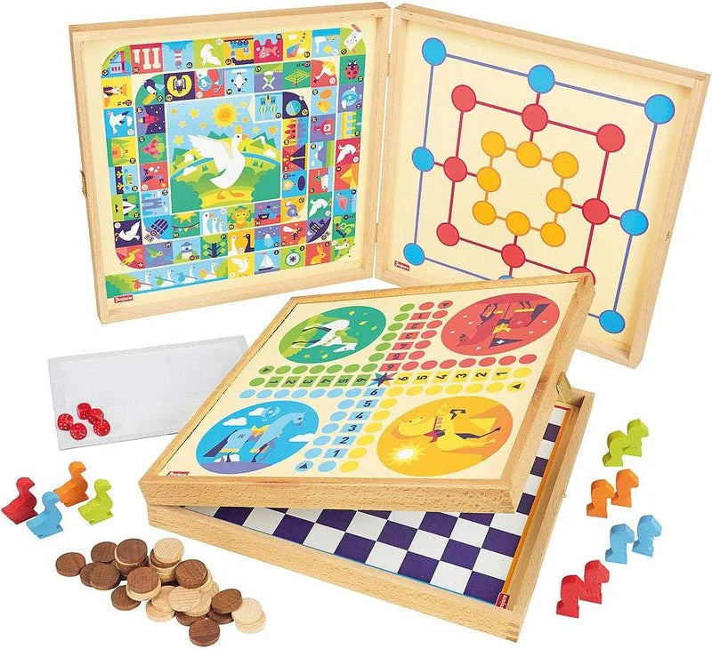 Wooden Board Game Set - 6 Classic Games & 50 Rules