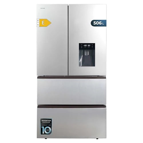 Cecotec Lodówka Francuska Drzwi Inox z dozownikiem wody 510 L Bolero CoolMarket FD 510 WD Inox E. 183 cm Wysoki, 84 cm Szerokość, Silnik Inverter Plus, Niskie zużycie, Łącznie NoFrost