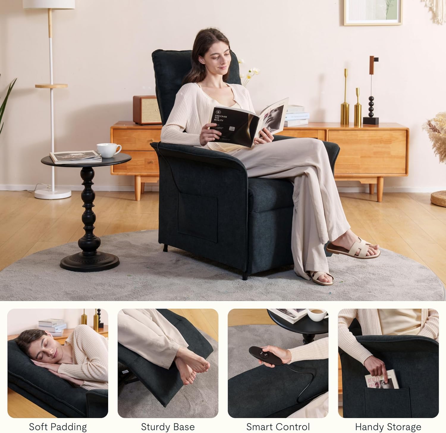 Fotel rozkładany elektrycznie FLEXISPOT z regulowanym oparciem, odchylany w zakresie od 105° do 155°, ergonomiczny fotel wypoczynkowy do sypialni, salonu i kina domowego (ciemnoszary)