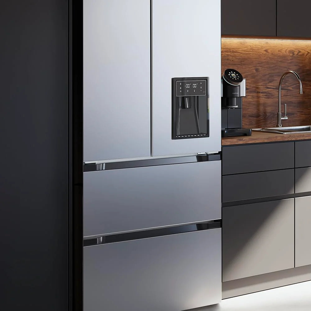 Cecotec Lodówka Francuska Drzwi Inox z dozownikiem wody 510 L Bolero CoolMarket FD 510 WD Inox E. 183 cm Wysoki, 84 cm Szerokość, Silnik Inverter Plus, Niskie zużycie, Łącznie NoFrost
