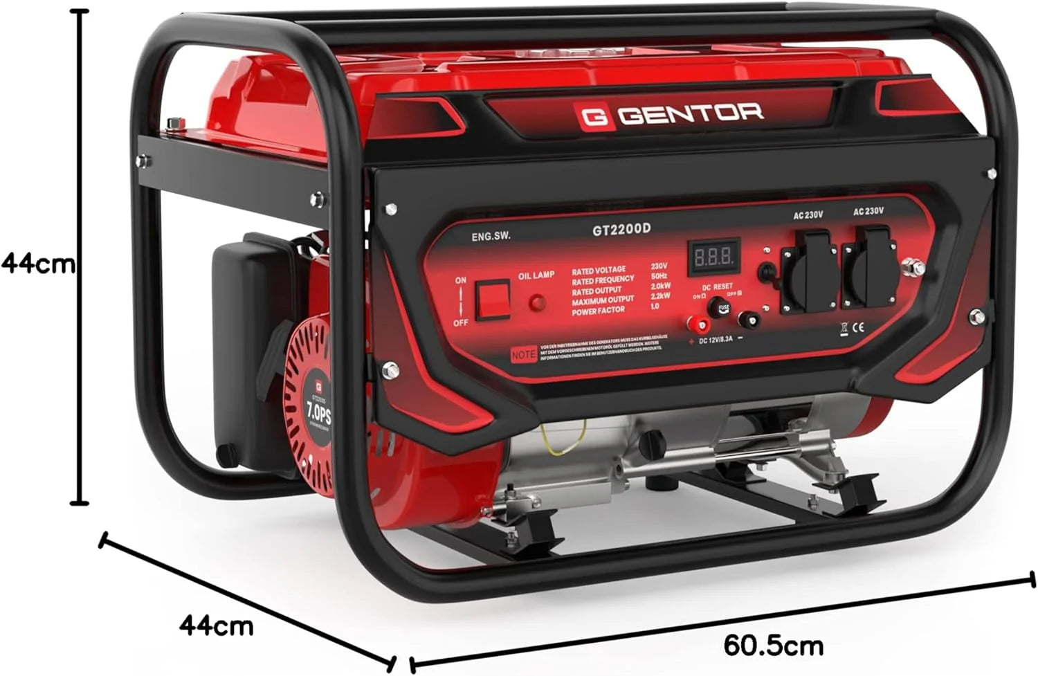 GENTOR generator prądu awaryjnego benzyna cichy 2200 Watt 7.0HP, generatory prądu 4-suwowy silnik benzynowy, 2x 230V, 1x 12V, pull-start, dla kempingu, na zewnątrz, warsztat, dom
