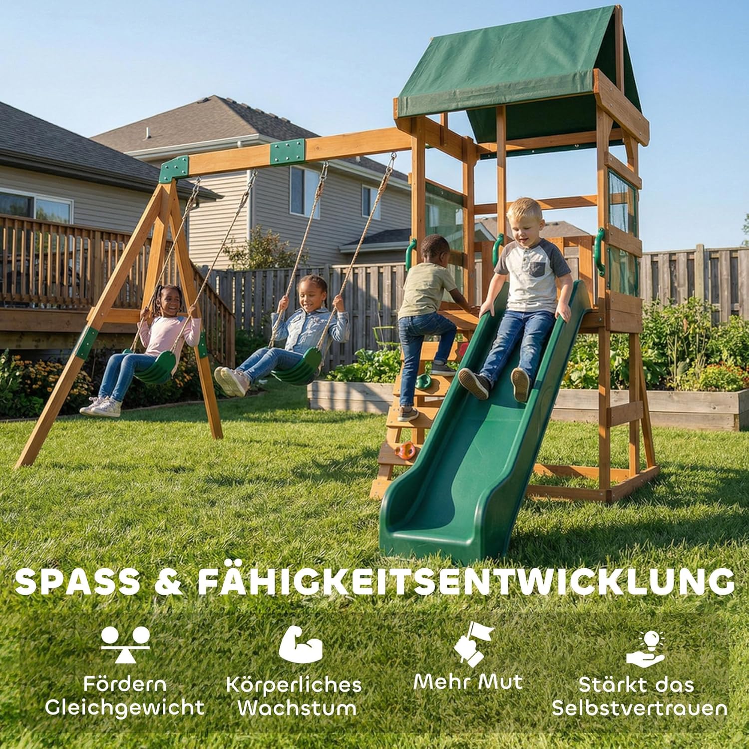 AIYAPLAY Wieża zabaw z huśtawkami, zjeżdżalnią 194,5 cm, ścianą wspinaczkową, zadaszoną platformą drewnianą dla dzieci 3-8 lat 315x284x233 cm