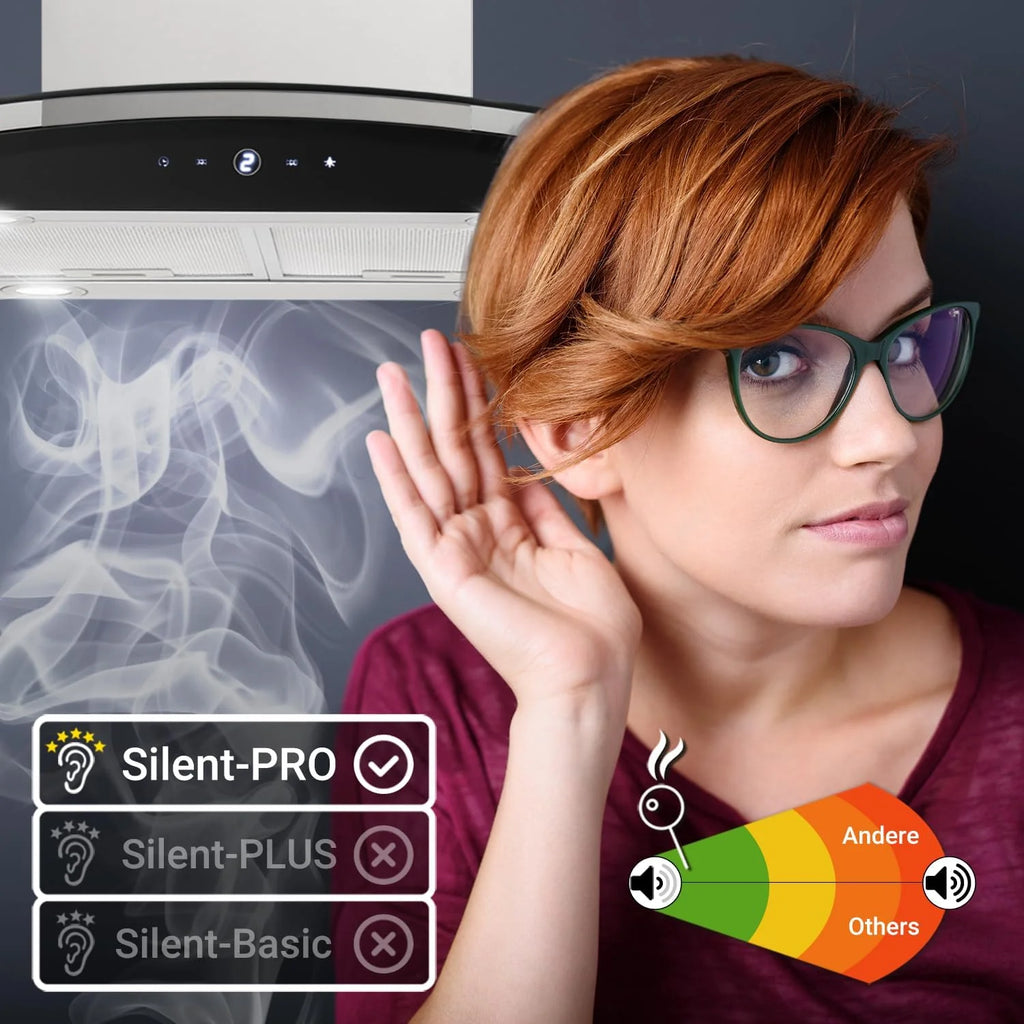 KKT KOLBE Okap kuchenny 90 cm, stal nierdzewna, czarne szkło, aplikacja Smart WiFi, funkcja automatycznego dopływu, obsługa SensorTouch, Delta-Insel-HC