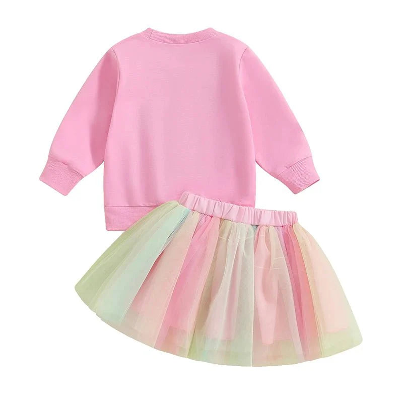 Kids Girls Outfit Long Sleeve Embroidery Letters Sweatshirt Tulle Skirt Birthday Clothes