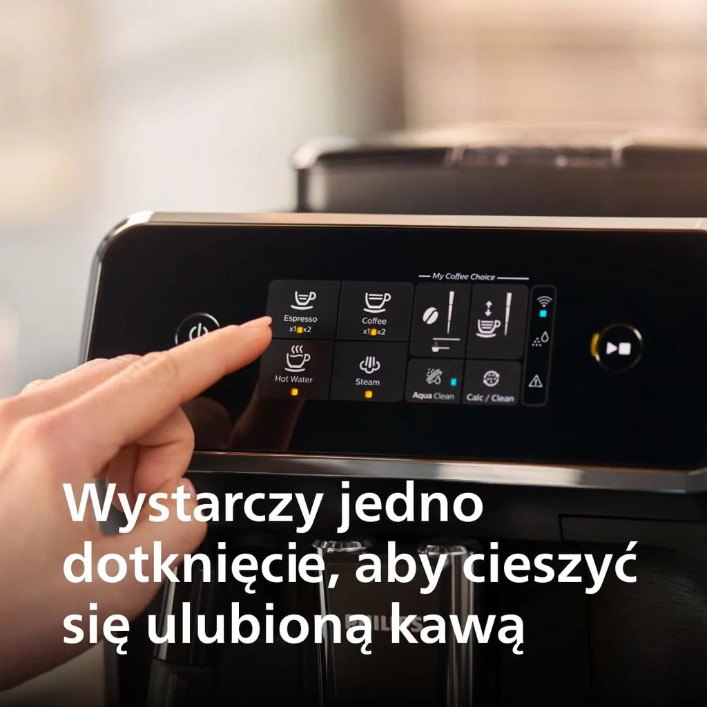 Philips Ekspres do kawy z serii 3300 w pełni zautomatyzowany - 6 napojów, Nowoczesny, Kolorowy ekran dotykowy, LatteGo, SilentBrew, Młynek w 100% ceramiczny, Filtr AquaClean, Czarny chrom (EP3347/90)