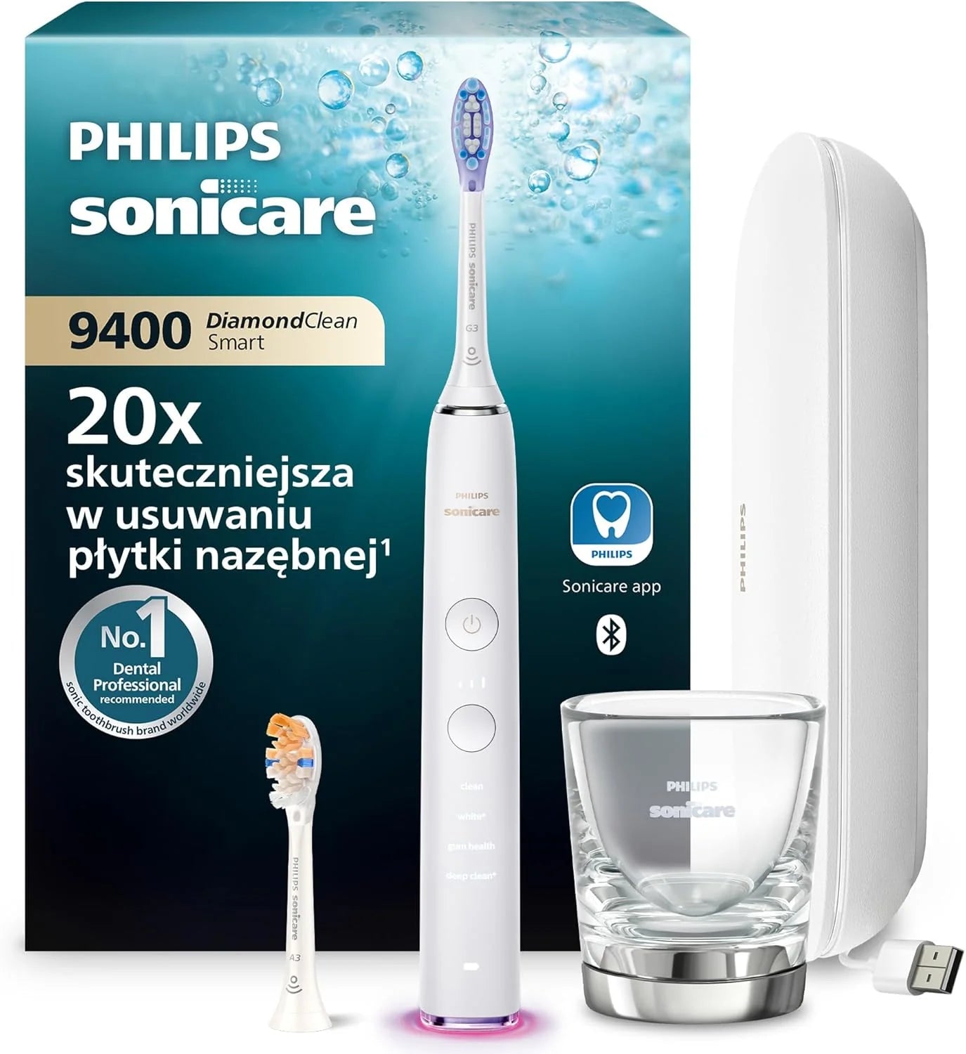Elektryczna szczoteczka Philips Sonicare DiamondClean Smart 9400, soniczna szczoteczka do zębów z aplikacją, czujnik nacisku, 4 tryby szczotkowania i 3 poziomy intensywności, kolor czarny, HX9918/89