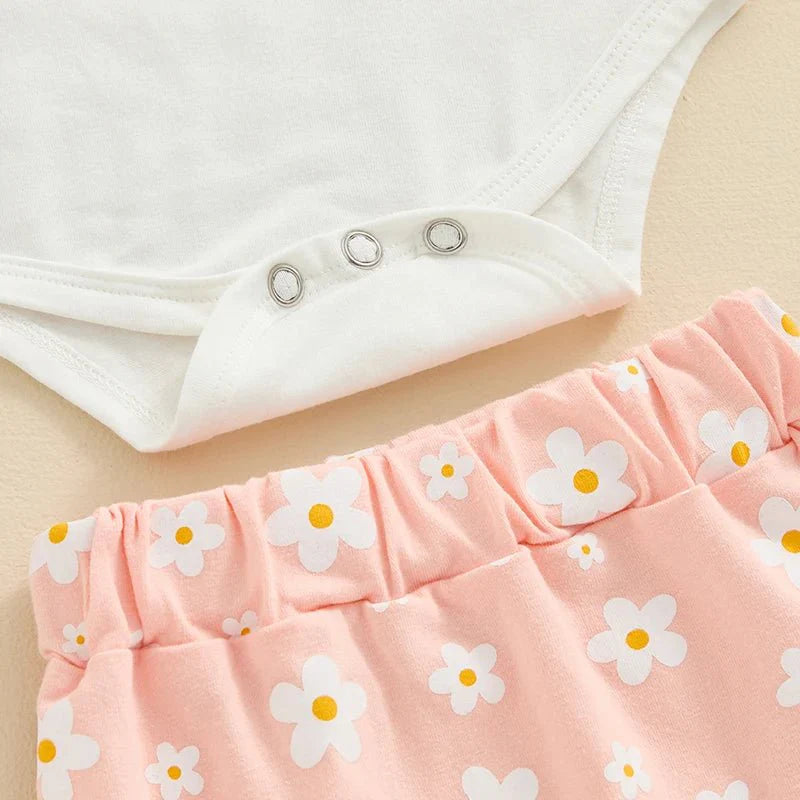 Baby Girls Outfit Short Sleeve Romper - Floral Shorts - Hairband Set Casual Clothes