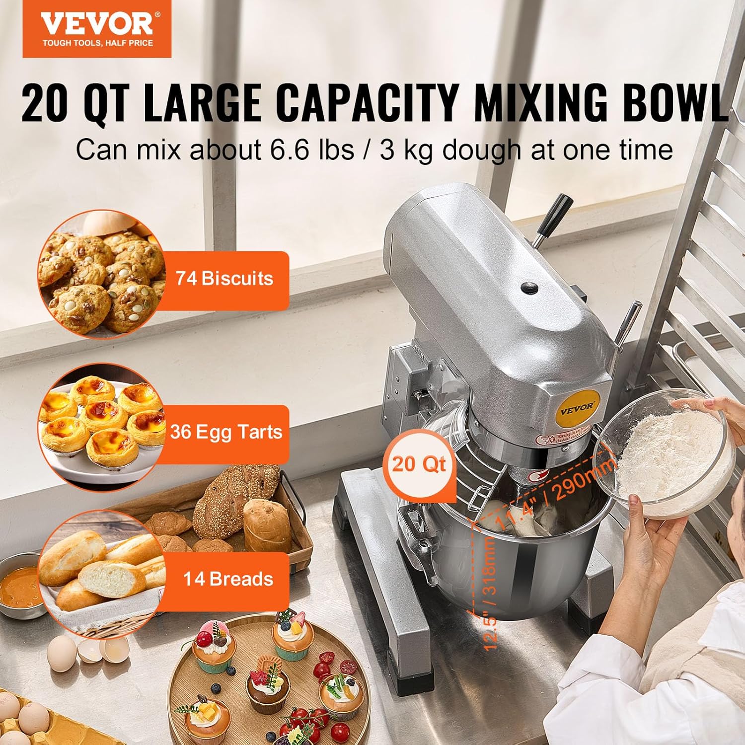 VEVOR Komercyjny robot kuchenny, mikser kuchenny 18,7 l, 3 regulowane prędkości, 1100 W mikser do ugniatania z miską ze stali nierdzewnej do restauracji, piekarni, piekarni, baru, kuchni