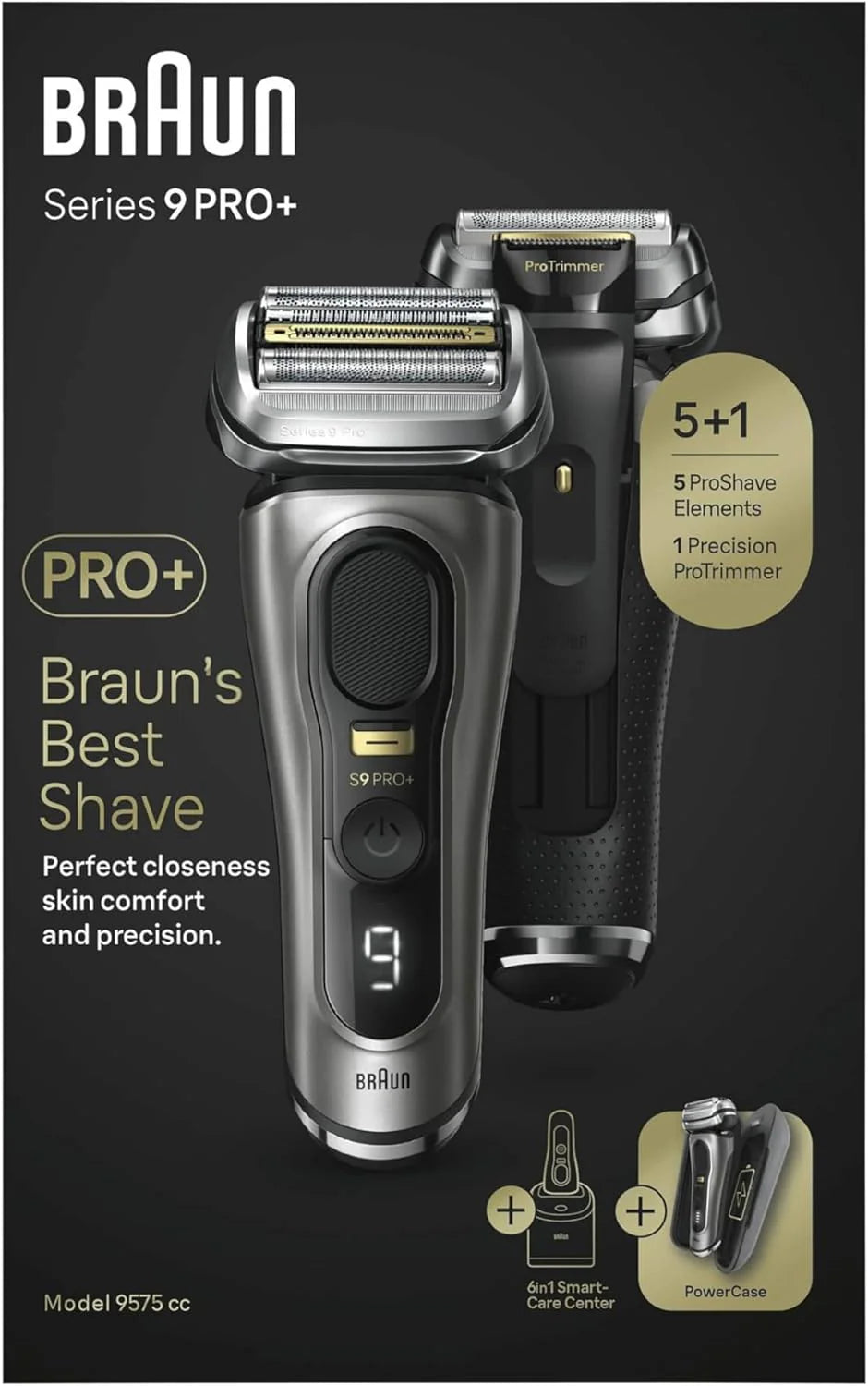 Braun Series 9 Pro + golarka elektryczna z 5 elementami do golenia, elektryczna golarka męska, maszynka do długich włosów, stacja czyszcząca, etui do ładowania, wyprodukowano w Niemczech, 9575cc,