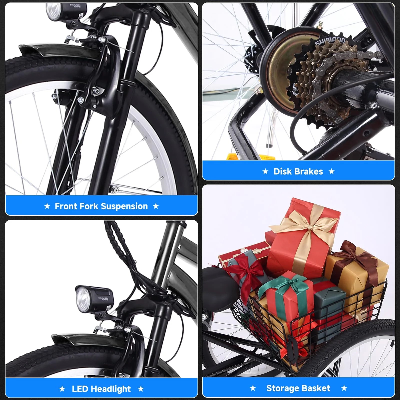 26 Inch Adult 3 Wheel Electric Tricycle with Basket, Fat Tires,7 Speeds,350W Powerful Motor, 36V 10Ah Removable Battery – Dark Gray