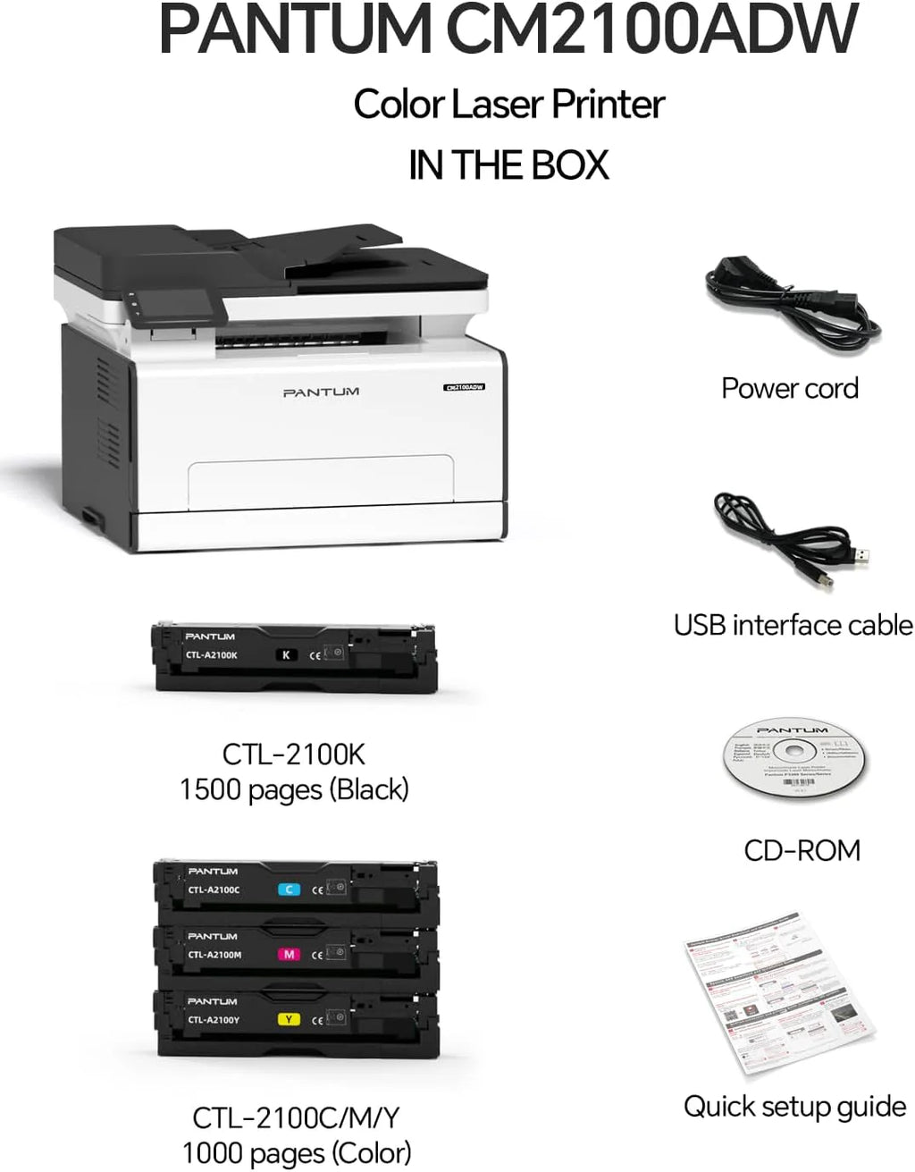 PANTUM CM2100ADW kolorowa drukarka laserowa, urządzenie wielofunkcyjne, skaner, kopiarka 3 w 1 z ADF, Wi-Fi, Ethernet, USB, automatyczne drukowanie dwustronne, 20 ppm (wersja uaktualniona)