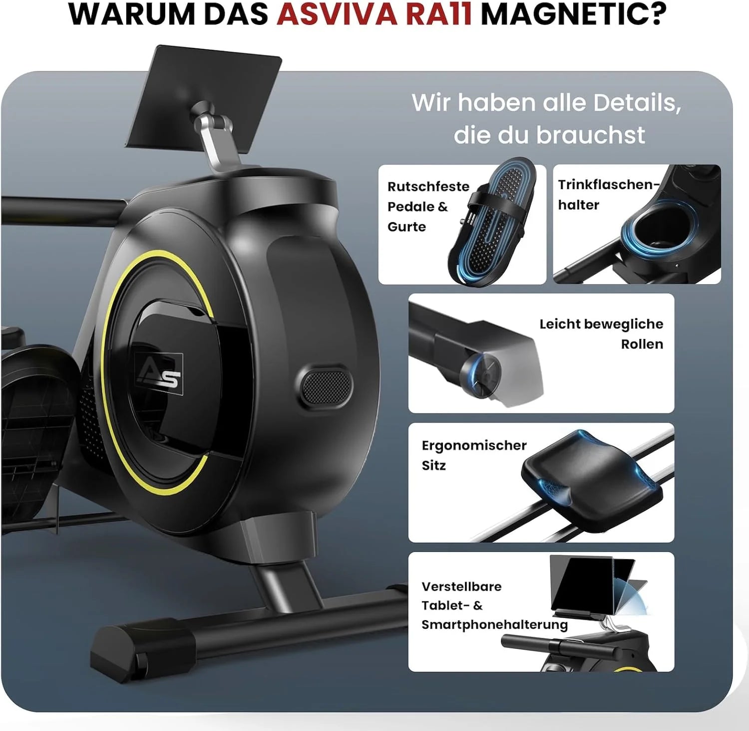 AsVIVA RA11 wioślarz składany | magnetyczny system hamowania i elektronicznie regulowany opór | wioślarz do domu | trening całego ciała i wytrzymałość | fitness | domowy trener do budowy mięśni i