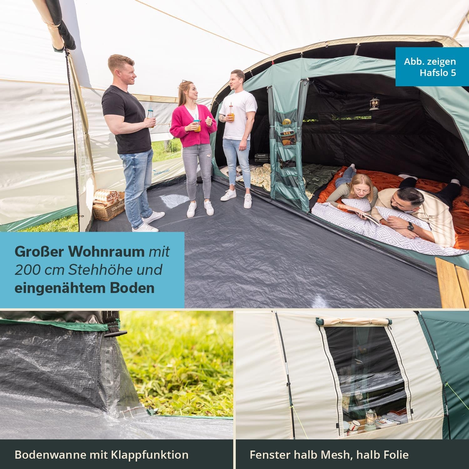 Skandika Namiot tunelowy Hafslo Sleeper Protect, 4/5 osób, wodoszczelny, wszyta podłoga namiotu, 5000 mm słupa wody, przedsionek i ciemna kabina do spania, namiot rodzinny