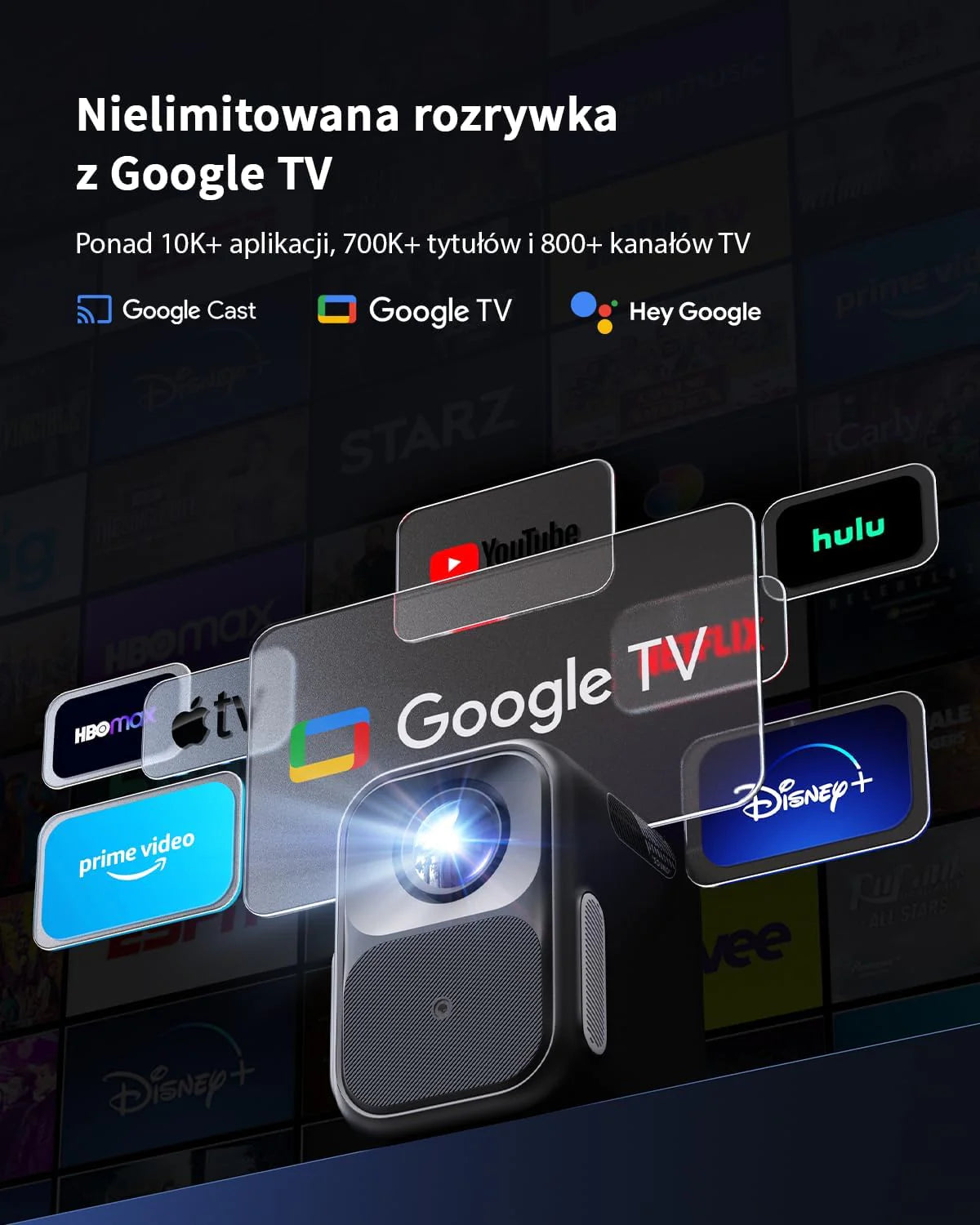 WEMAX Inteligentny Projektor Google TV 1080P Full HD, Obsługa 4K, 320 ISO Lm, MEMC Płynność na Mecze 2026, Auto Focus i Keystone, Omijanie Przeszkód, HDR10, Dolby Audio, WiFi 5G, Bluetooth