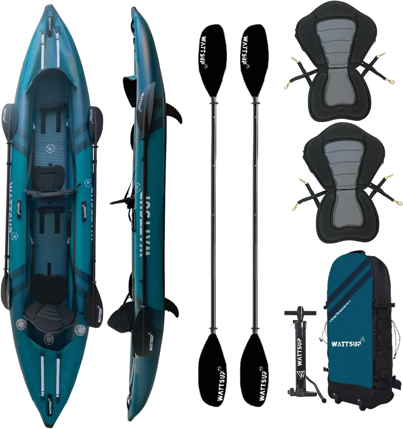 Kajak dmuchany Wattsup COD 2-osobowy – 410x85 cm (13'4 x 33) – laminowany PVC + Dropstitch – Pełny zestaw – Maks. 220 kg