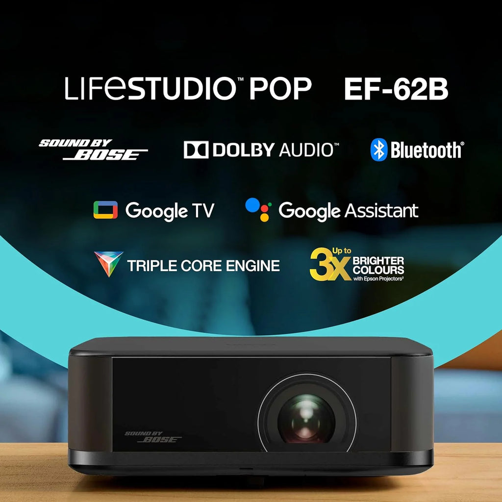 Epson Lifestudio Pop EF-62B czarny metaliczny przenośny inteligentny projektor, Sound by Bose, Google TV, 4K Pro-UHD, do użytku wewnątrz/na zewnątrz, 5 lat