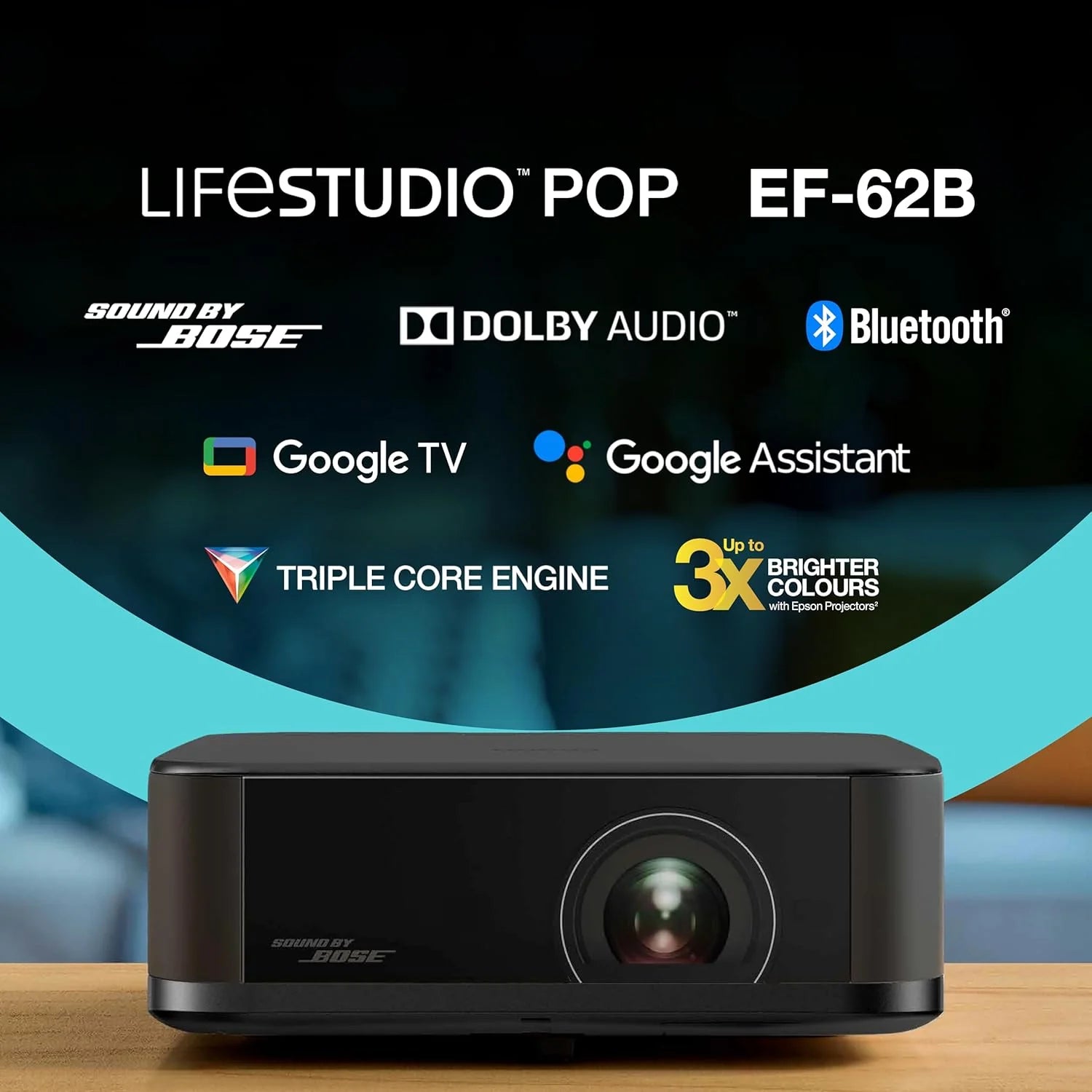 Epson Lifestudio Pop EF-62B czarny metaliczny przenośny inteligentny projektor, Sound by Bose, Google TV, 4K Pro-UHD, do użytku wewnątrz/na zewnątrz, 5 lat