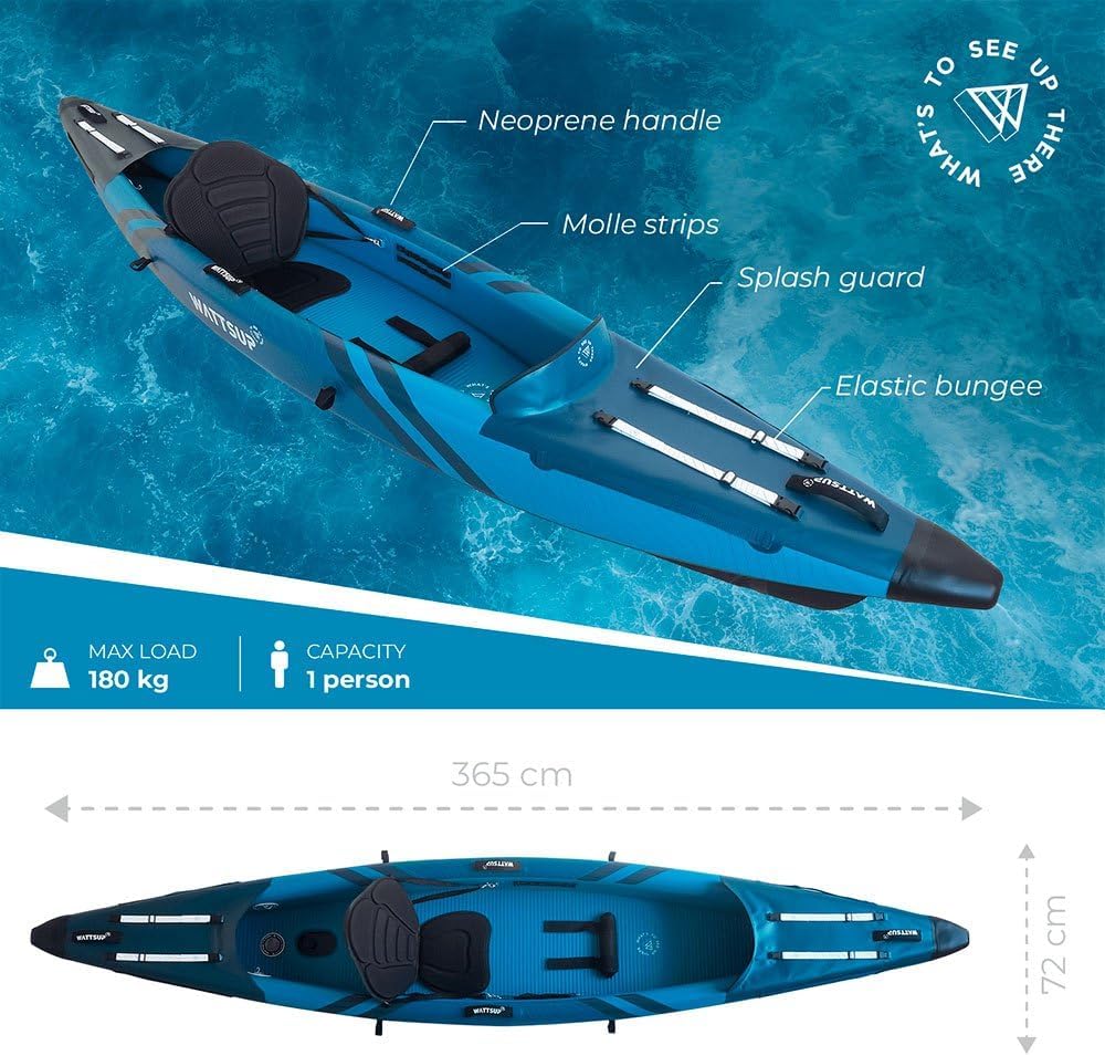 Wattsup - Torpedo - jednoosobowy nadmuchiwany kajak - 365 x 72 cm (12' x 28) - Dropstitch - maks. 180 kg - kompletny zestaw - wszystkie poziomy umiejętności