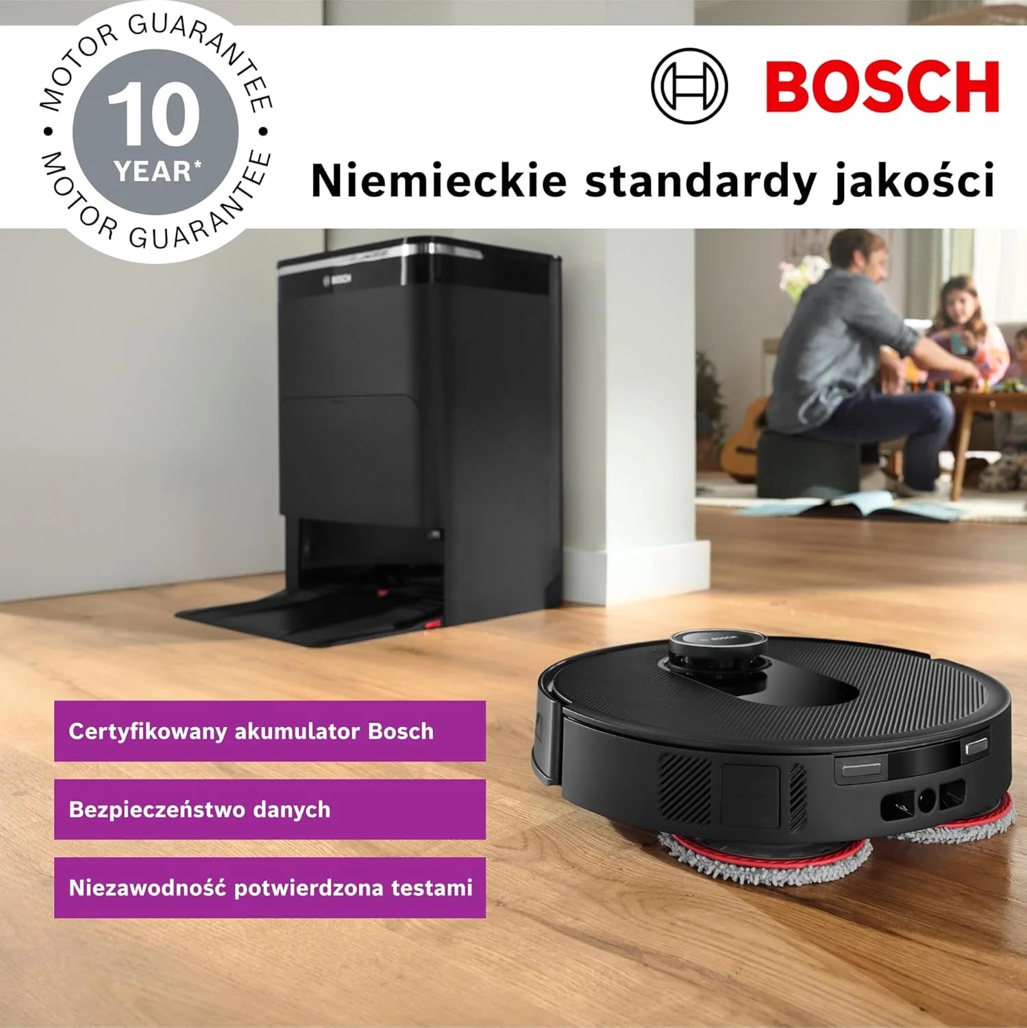 Bosch Spotless Max Robot sprzątający z funkcją mopowania, moc ssania 11 000 Pa, wysuwana nakładka mopującą, stacja czyszczącą, nawigacją Smart Vision, aplikacja Bosch Home Connect, BCRDW3B, czarny