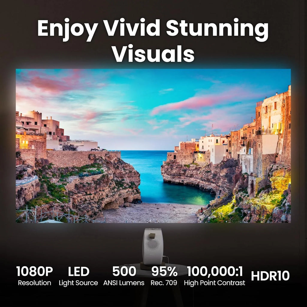 BenQ GV32 1080p przenośny projektor sufitowy, 500 ANSI lumenów LED, Google TV z licencją Netflix, HDR10 z 95% Rec. 709, Wi-Fi i Bluetooth, głośnik subwoofera