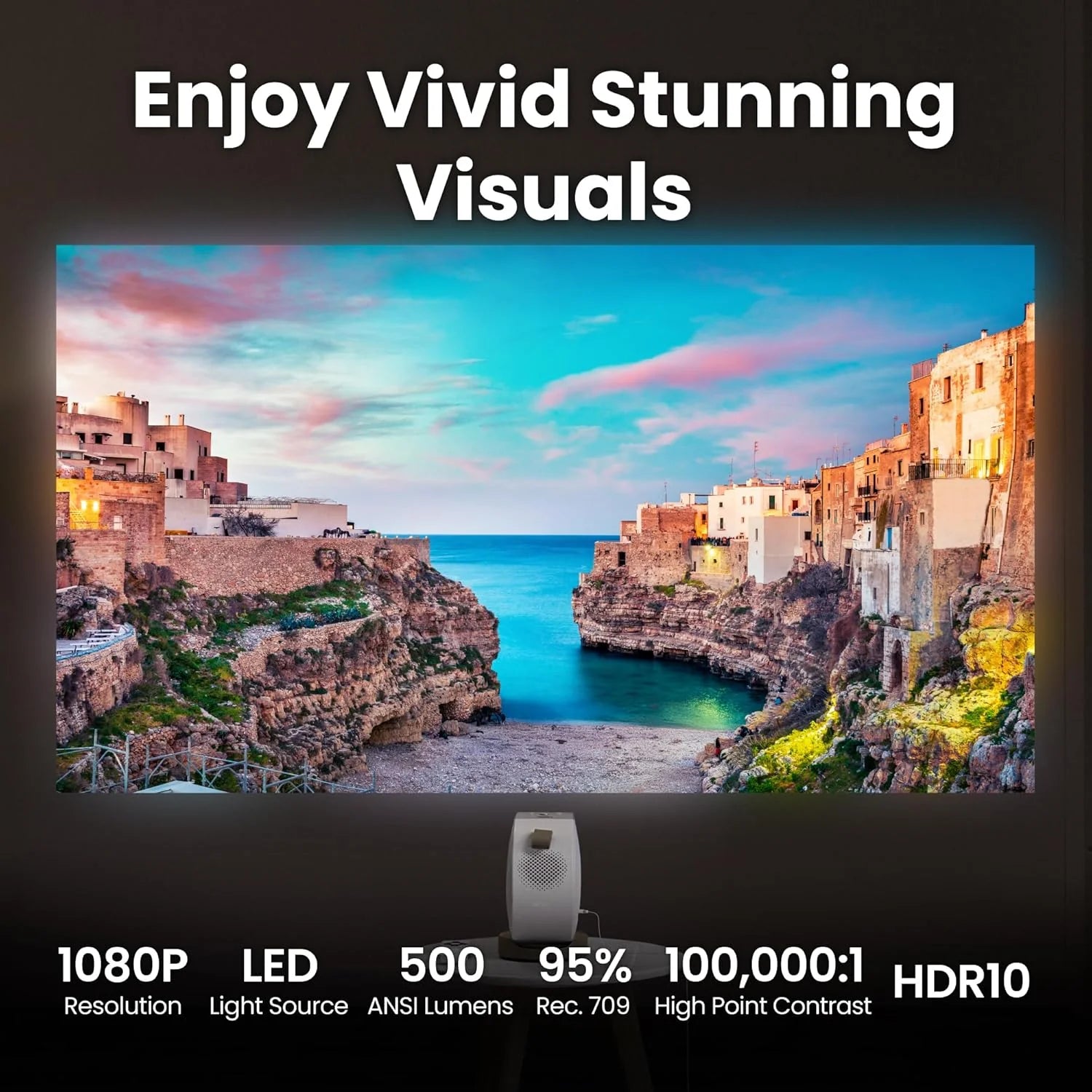BenQ GV32 1080p przenośny projektor sufitowy, 500 ANSI lumenów LED, Google TV z licencją Netflix, HDR10 z 95% Rec. 709, Wi-Fi i Bluetooth, głośnik subwoofera