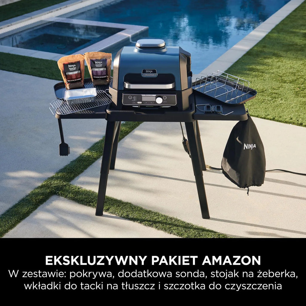Ninja Woodfire Grill elektryczny, wędzarnia i frytkownica beztłuszczowa, 7 w 1, zewnętrzny, wędzenie, opiekanie, ciasta, odporny na pogodę, nieprzywierający, przenośny, szary/czarny OG701EU