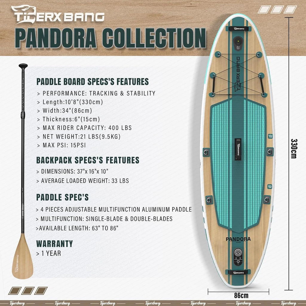 TIGERXBANG Deska SUP, deska do paddlingu, 10'8, 330 x 86 x 15 cm, z kompletnym nadmuchiwanym akcesoriami klasy premium, bardzo szerokie deski do wiosłowania dla dorosłych i dzieci, kolekcja Pandora