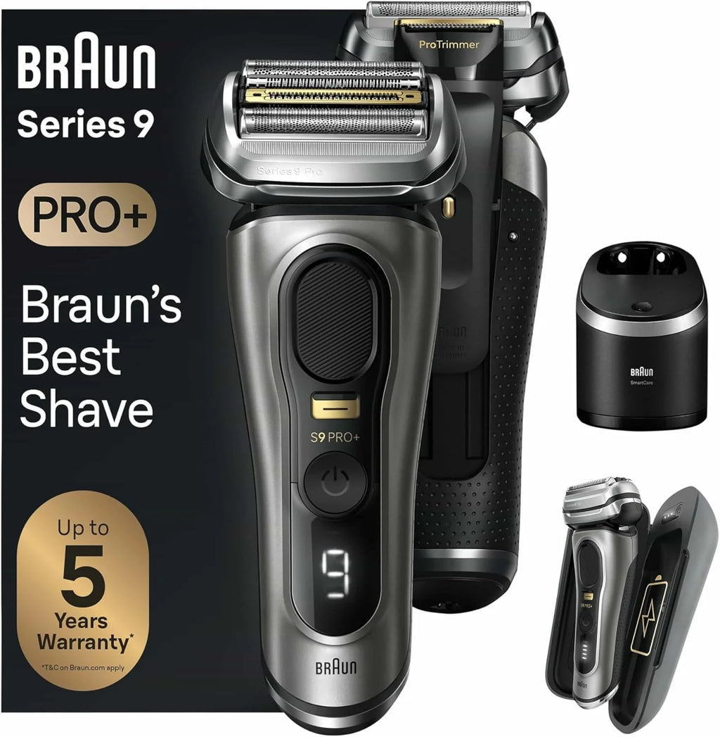 Braun Series 9 Pro + golarka elektryczna z 5 elementami do golenia, elektryczna golarka męska, maszynka do długich włosów, stacja czyszcząca, etui do ładowania, wyprodukowano w Niemczech, 9575cc,