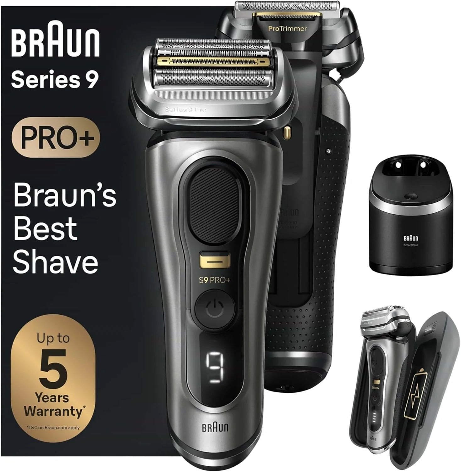 Braun Series 9 Pro + golarka elektryczna z 5 elementami do golenia, elektryczna golarka męska, maszynka do długich włosów, stacja czyszcząca, etui do ładowania, wyprodukowano w Niemczech, 9575cc,