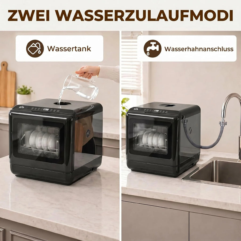 HOMCOM Zmywarka do naczyń, mini zmywarka do naczyń z wbudowanym 6-litrowym zbiornikiem na wodę, 5 programów, sterowanie dotykowe, wyświetlacz LED, 4 nakrycia, podwójne zaopatrzenie w wodę i funkcja