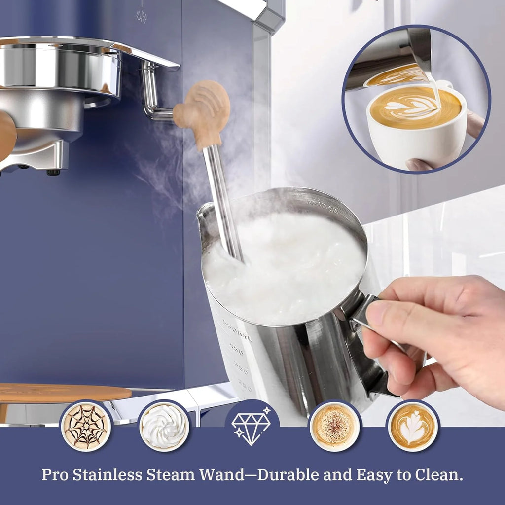 Laekerrt CMEP01 ekspres do kawy z 20 barami, ze spieniaczem do mleka, domowy ekspres do kawy Expresso do cappuccino i latte (granatowy, stal nierdzewna), prezent dla miłośników kawy, ojca